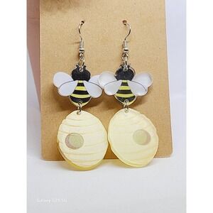 Handmade Bumble Bee and Beehive Acrylic Drop Earrings Yellow Nature Jewelry